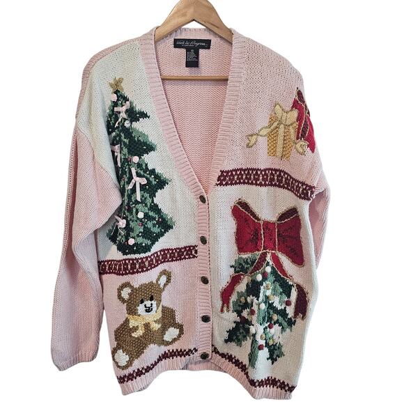 Vintage Pink Christmas Cardigan Womens Med Embroidered Beaded Bows Cottage Retro - Picture 1 of 12